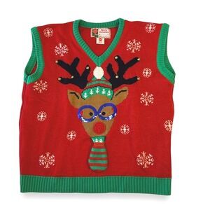 Christmas Reindeer Sweater Vest Red Jingle Bells Sequins Womens XL